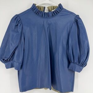 Hunter Bell Stella Royal Blue Faux Leather Puff Sleeve Blouse Womens Medium